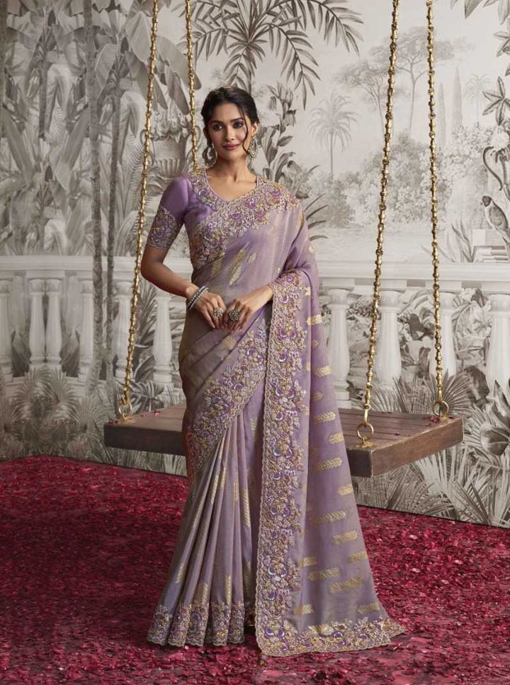 Lavender Dola Silk Saree | Soft Zari Embroidery and Beautiful Latkan