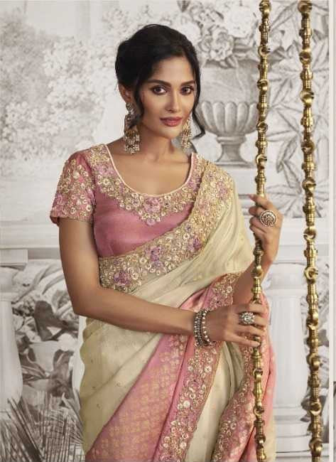 Cream Dola Silk Saree | Sophisticated Zari Embroidery with Elegant Latkan