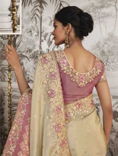 Cream Dola Silk Saree | Sophisticated Zari Embroidery with Elegant Latkan