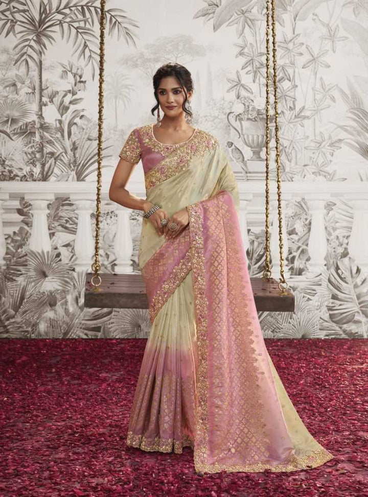 Cream Dola Silk Saree | Sophisticated Zari Embroidery with Elegant Latkan