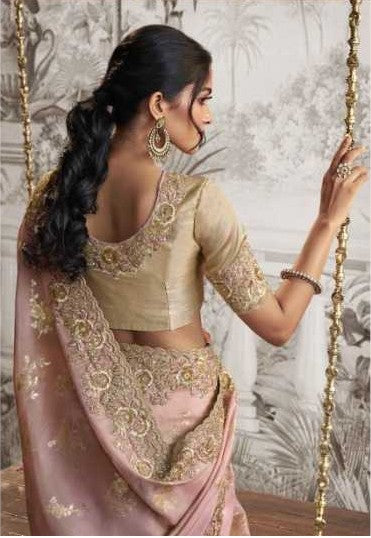 Gorgeous Dusty Pink Crush Georgette Saree | Zari Embroidery & Latkan Detail