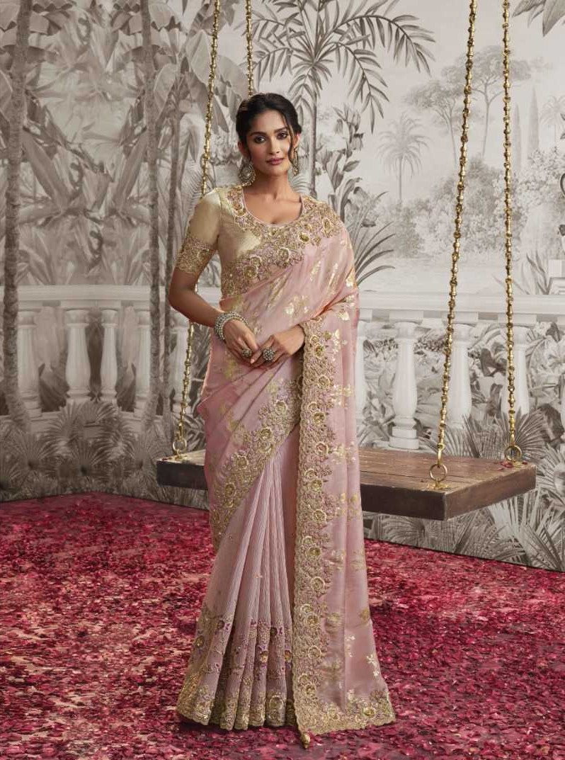 Gorgeous Dusty Pink Crush Georgette Saree | Zari Embroidery & Latkan Detail