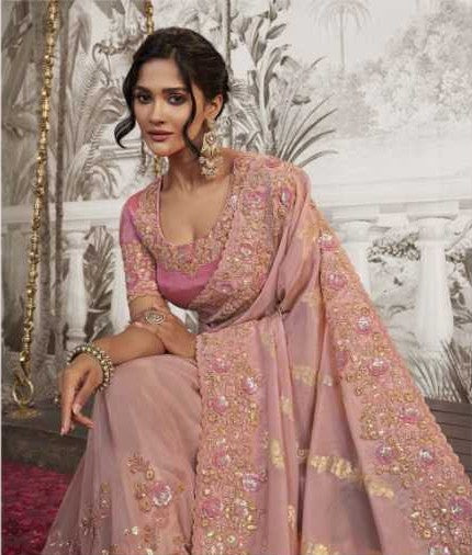 Gorgeous Baby Pink Crush Georgette Saree | Zari Embroidery & Latkan Detail