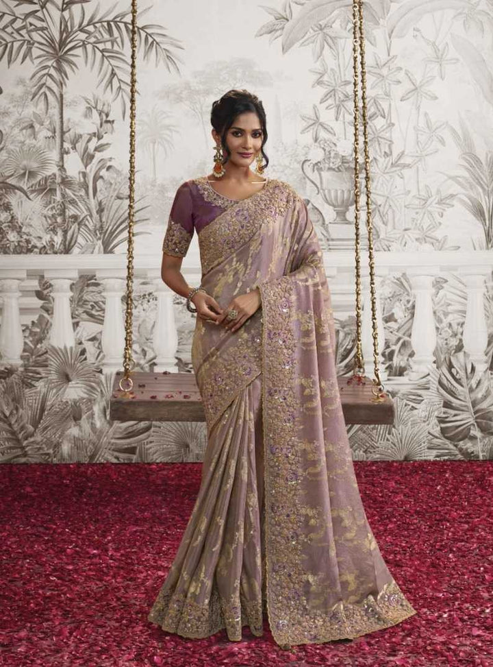 Light Purple Dola Silk Saree | Stunning Zari Work and Stylish Latkan