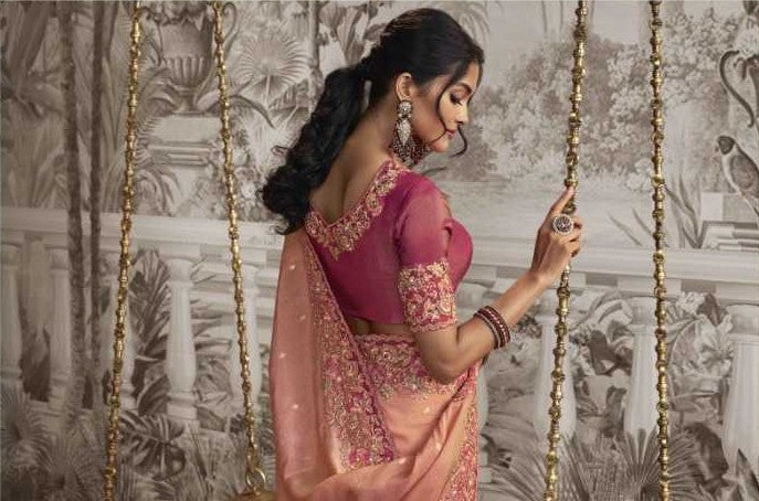 Peach Dola Silk Saree | Zari Embroidery Accented with Classy Latkan