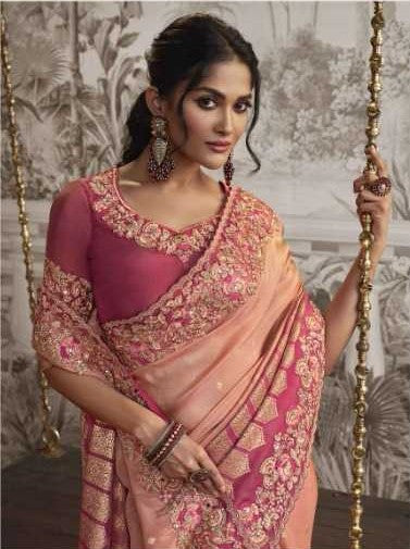 Peach Dola Silk Saree | Zari Embroidery Accented with Classy Latkan