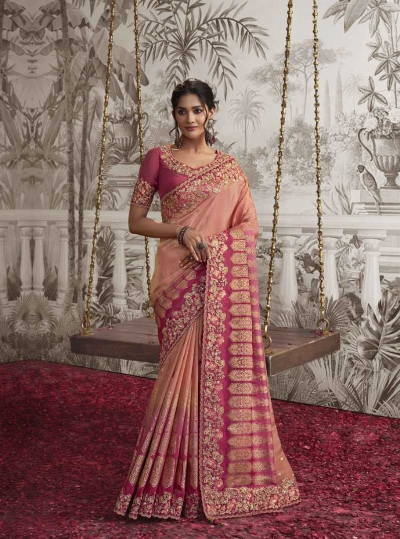 Peach Dola Silk Saree | Zari Embroidery Accented with Classy Latkan