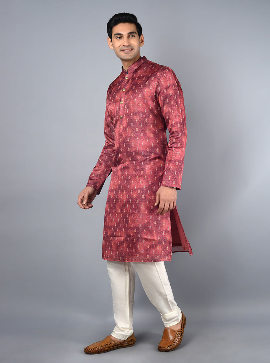 Elegant maroon kurta set made from cotton satin fabric, perfect for celebrations and gatherings in the USA.