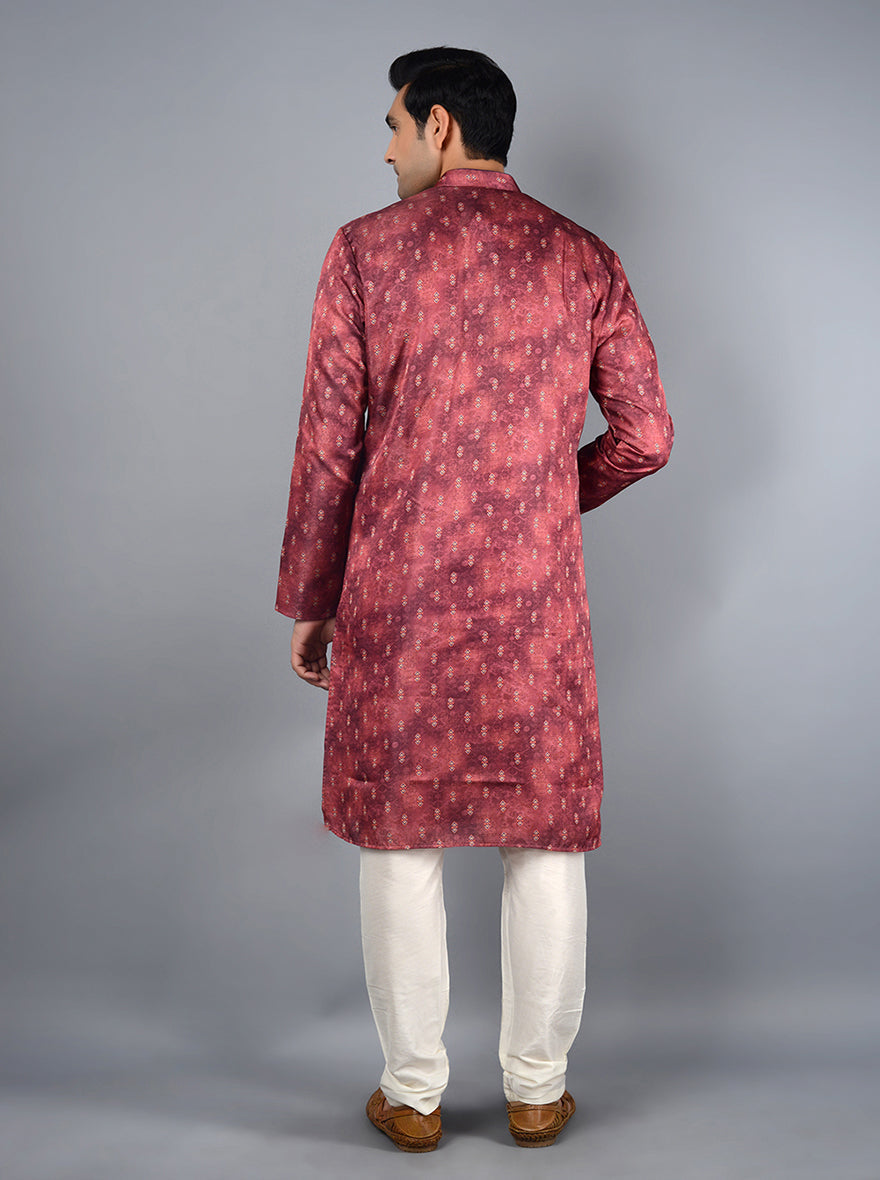 Stylish maroon kurta set featuring soft cotton satin, designed to make a memorable statement in the USA.