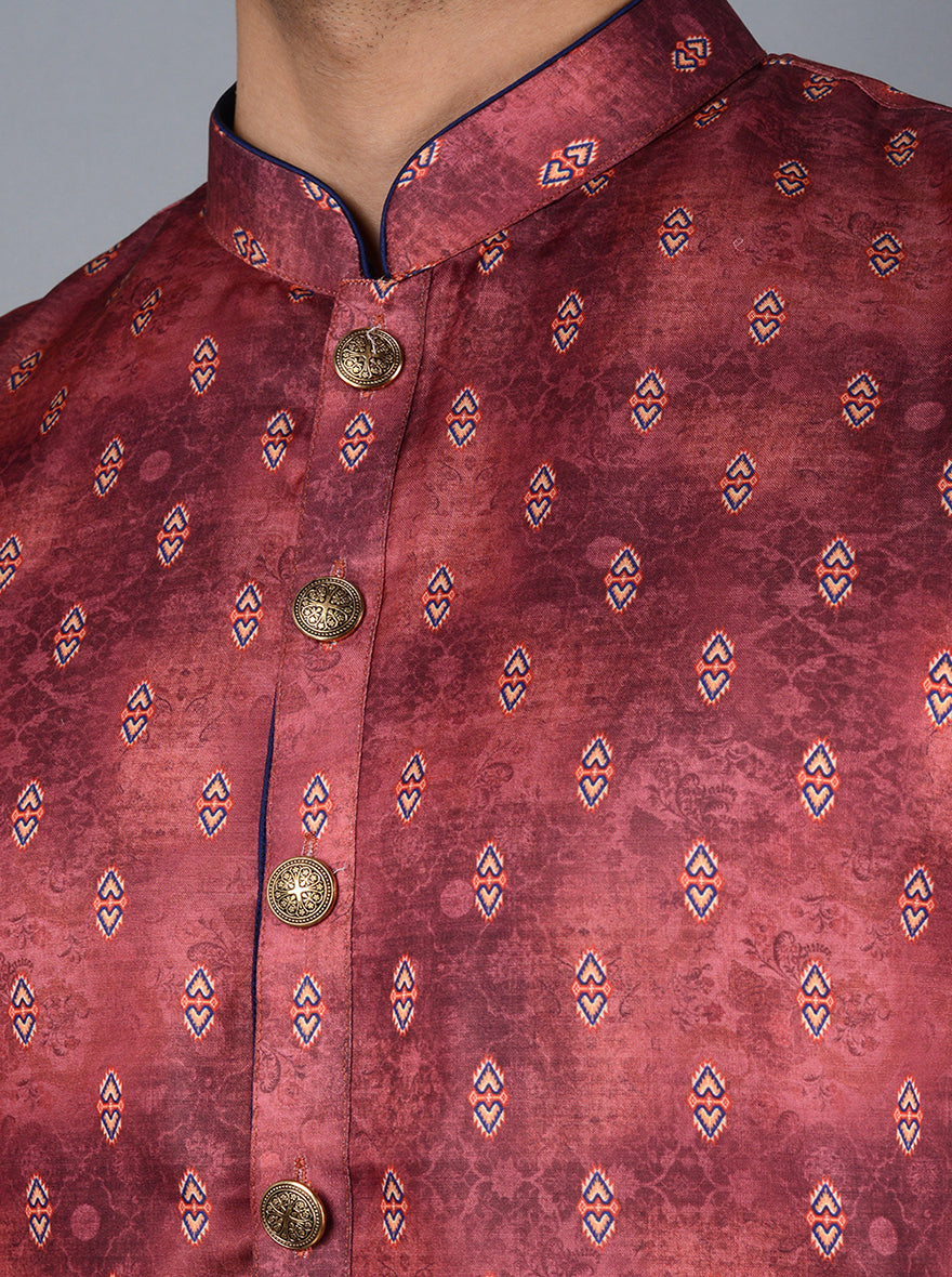 Comfortable maroon kurta set in cotton satin, ideal for various events and festivals in the USA.