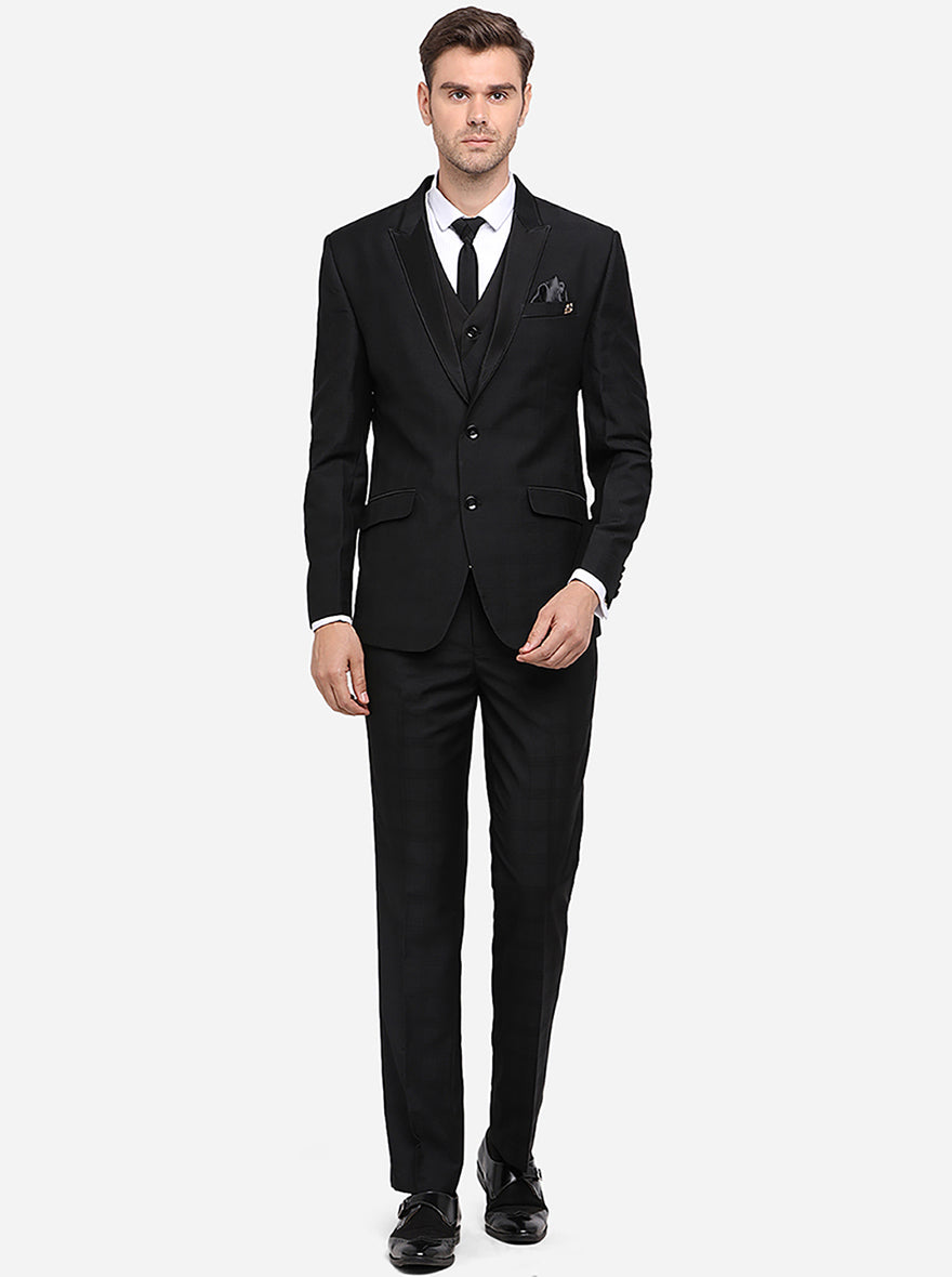 Stylish black checked suit for men in terry wool, featuring full sleeves and a regular fit.