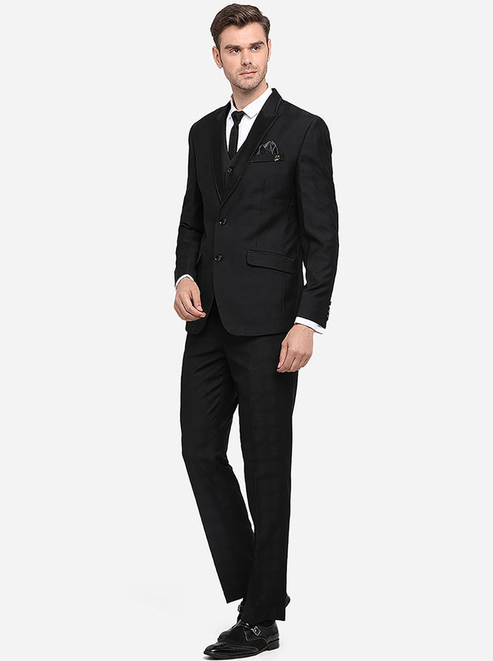 Elegant full sleeve black suit for men, crafted from terry wool with a checked design.