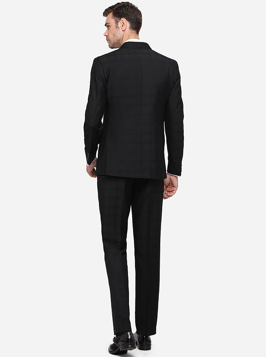 Comfortable black suit for men in terry wool, designed with a full sleeve checked pattern for a modern look.