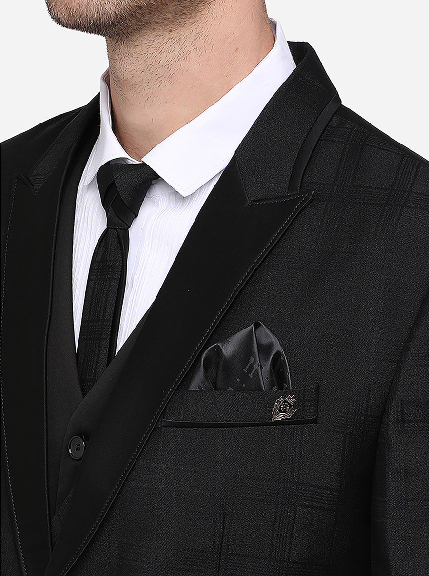 Sophisticated full sleeve black suit in terry wool, ideal for weddings and special occasions.