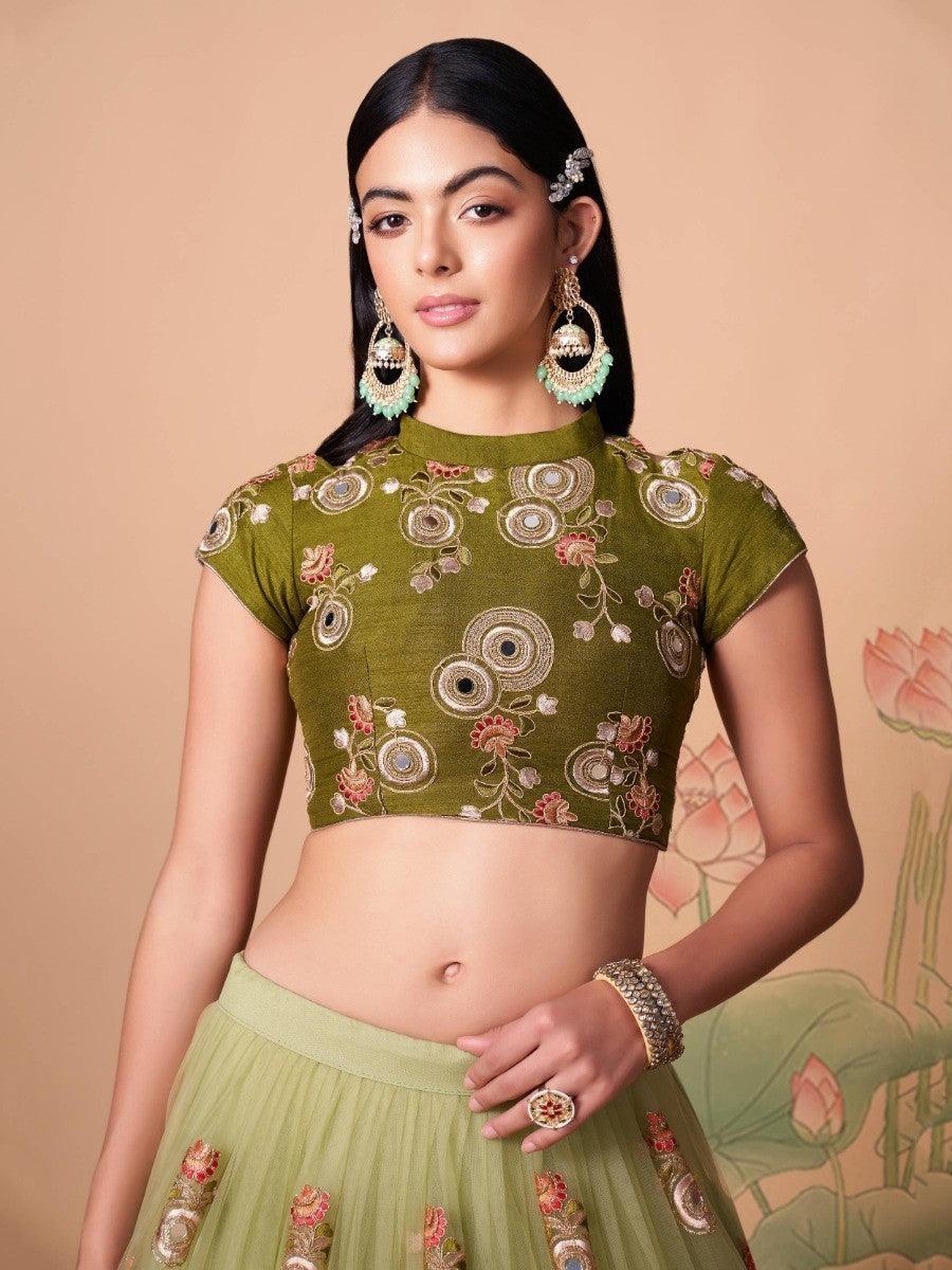 Pastel green lehenga with net fabric and mirror work for women.