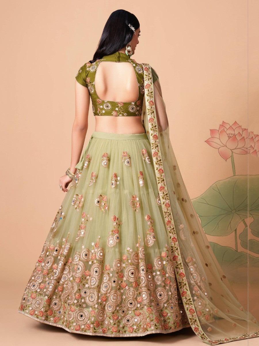 Stunning party-ready pastel green lehenga choli with sequin detail.