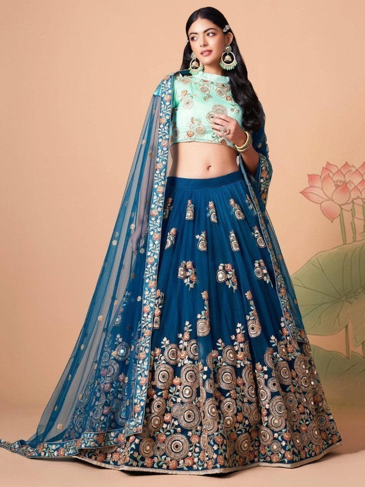 Bridal lehenga for women featuring thread embroidery and sequins.