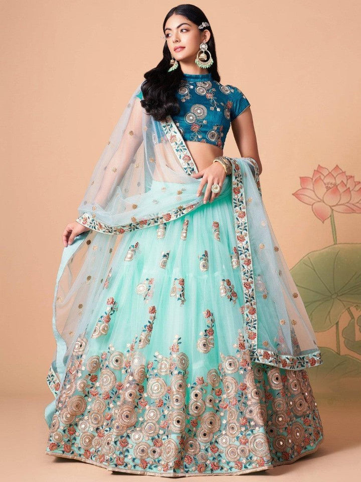 Beautiful sky blue lehenga with mirror work and sequin details.