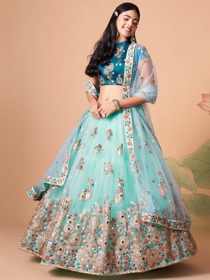 Wedding lehenga for women in sky blue with thread embroidery.