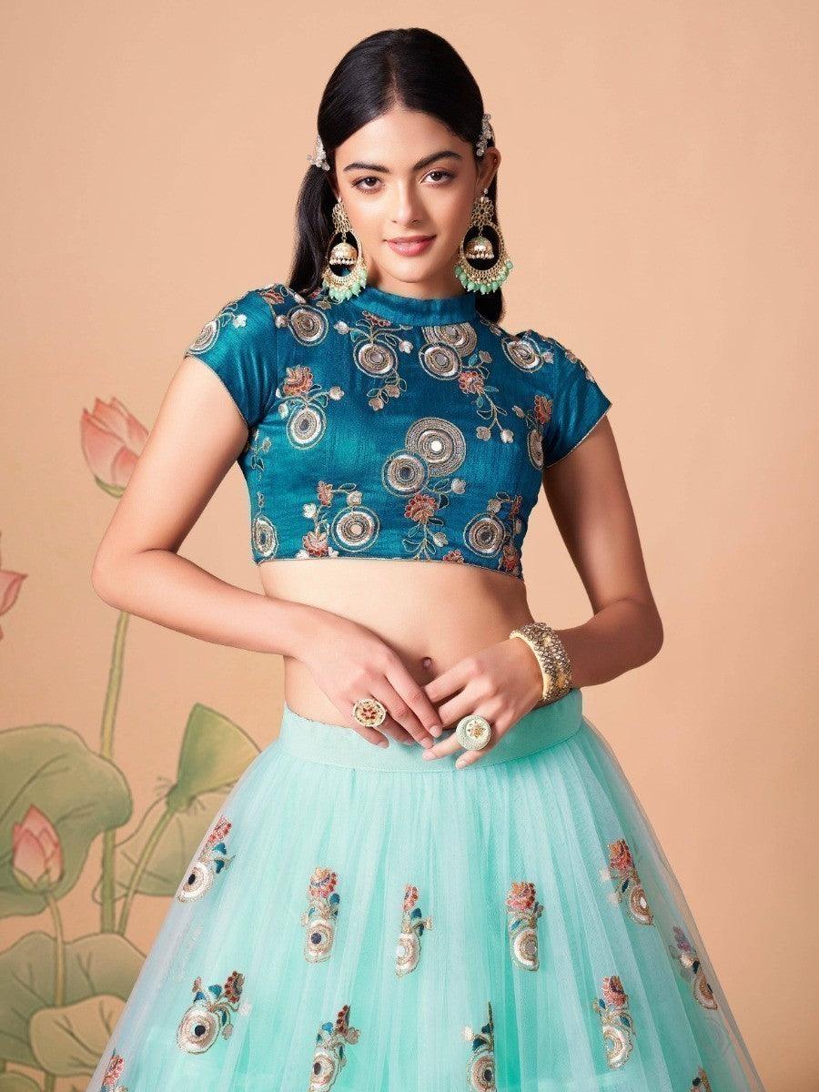 Sky blue lehenga choli for weddings with art silk choli.