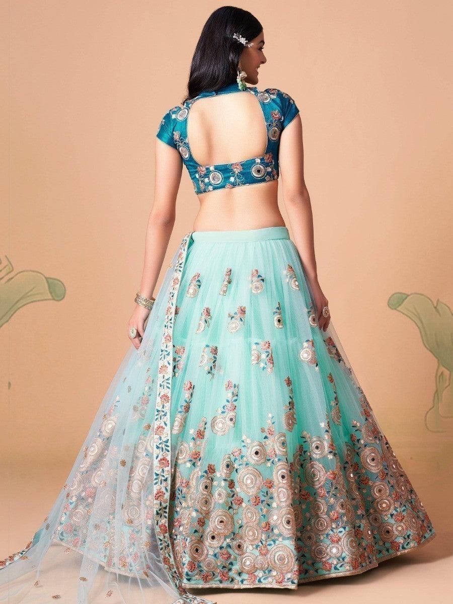 Elegant sky blue net dupatta with thread and sequin work.