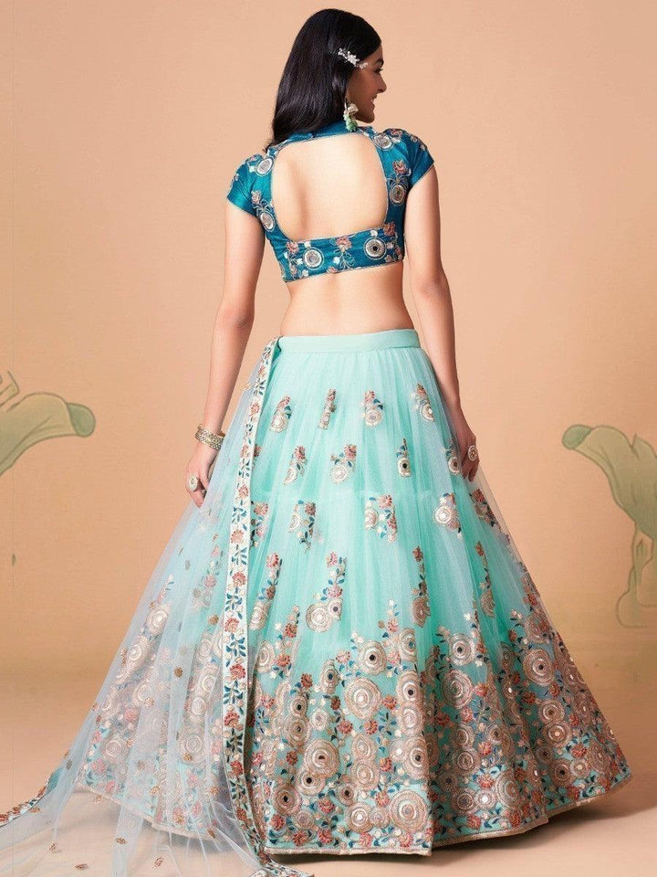 Elegant sky blue net dupatta with thread and sequin work.