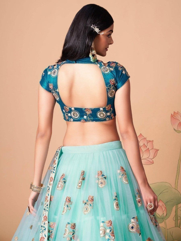 Bridal wedding lehenga choli in sky blue with mirror work.