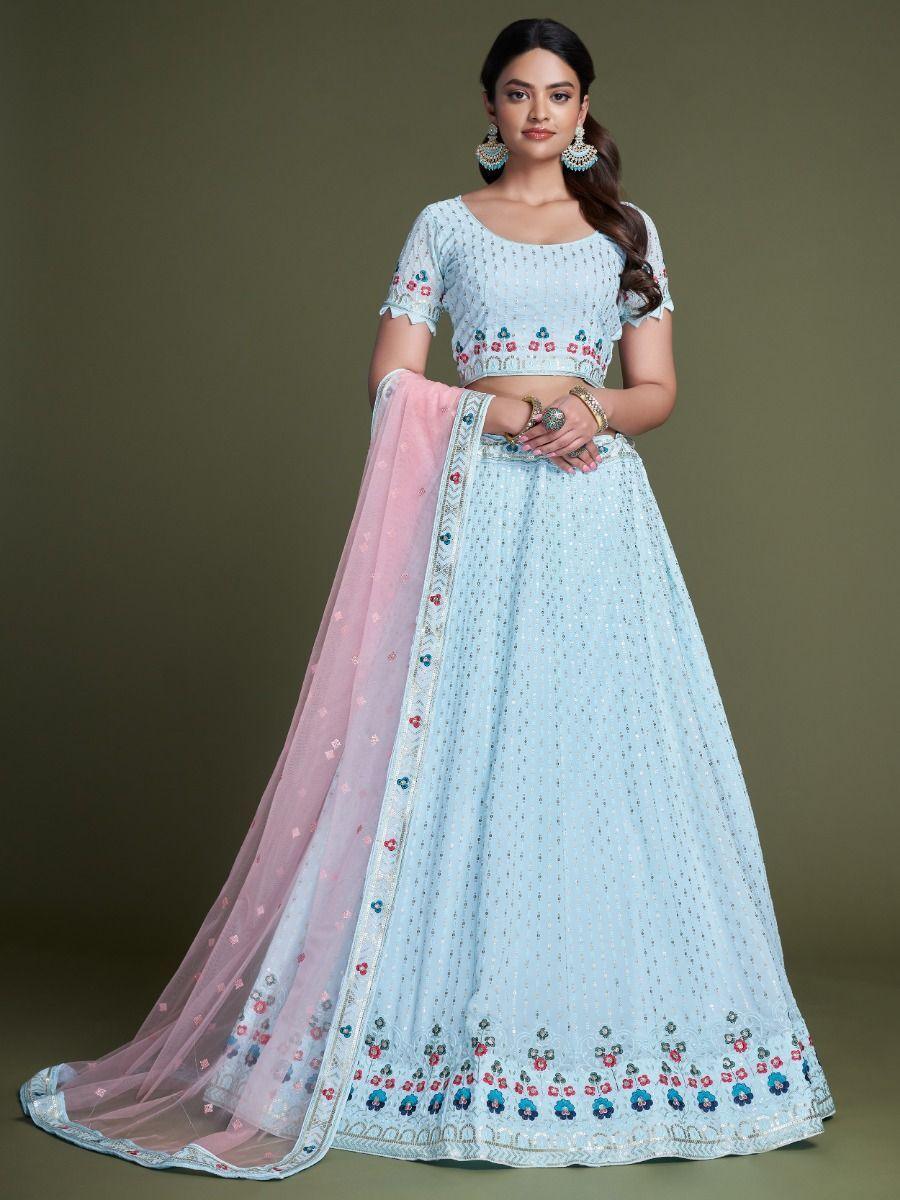 Luxury Sky Blue Georgette Lehenga Choli | Perfect for Bridal & Reception Wear