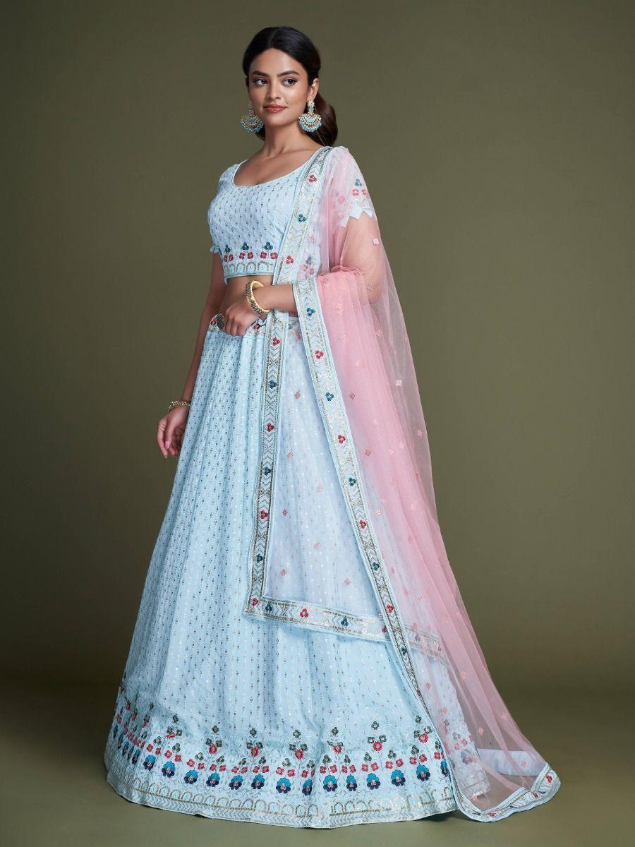 Luxury Sky Blue Georgette Lehenga Choli | Perfect for Bridal & Reception Wear