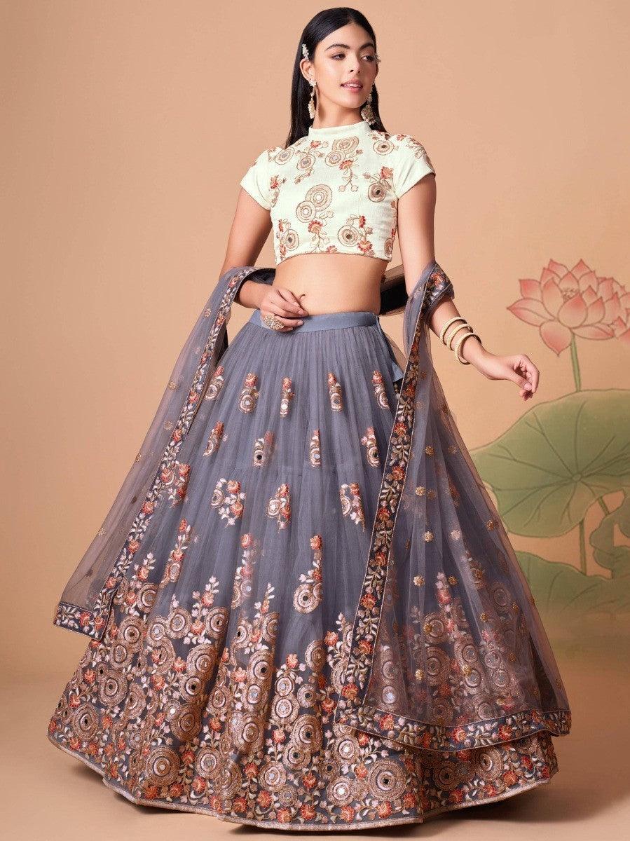 Gorgeous grey lehenga with mirror work and sequin detailing.