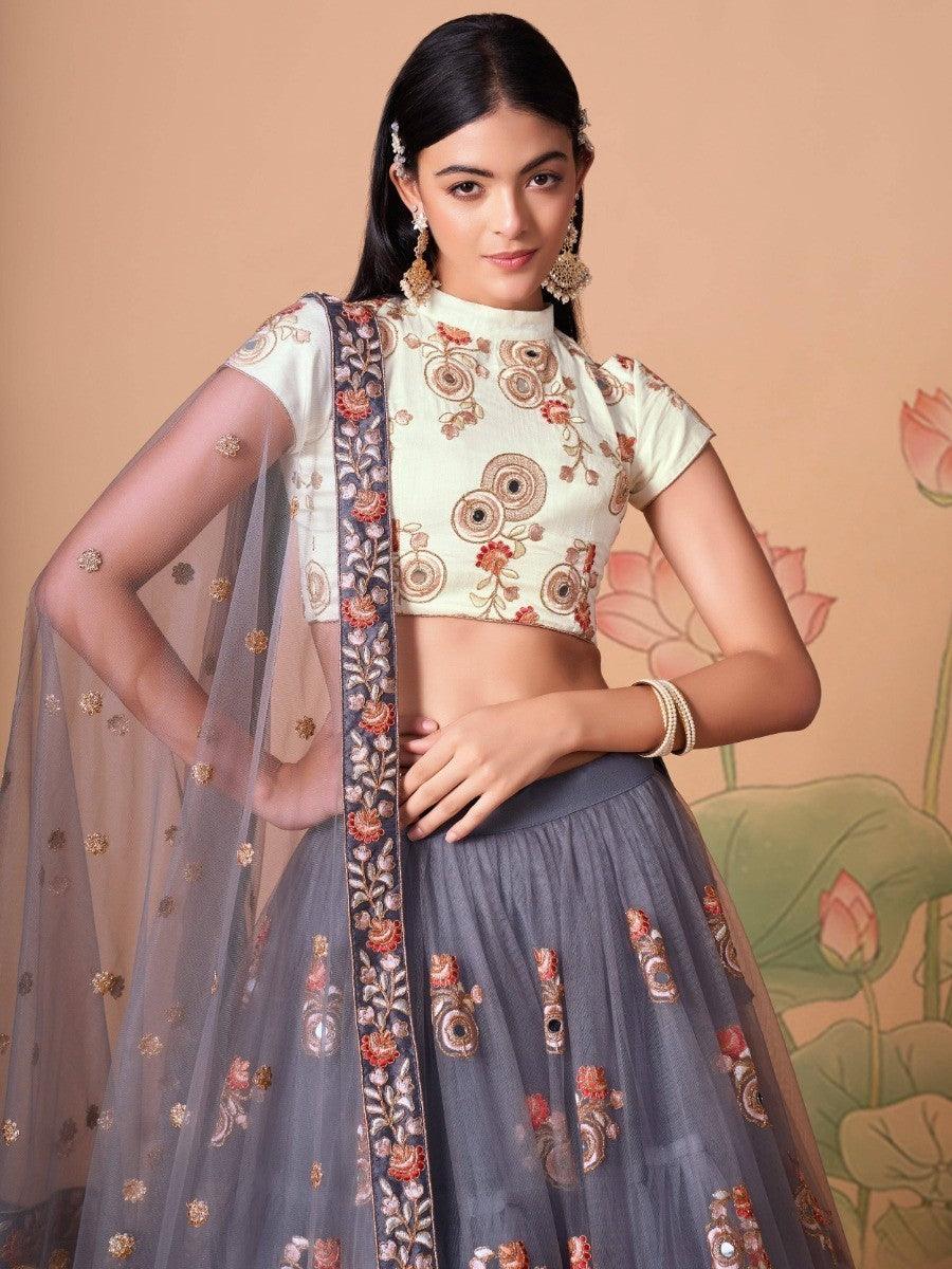 Semi-stitched grey lehenga choli with embroidery and sequins.