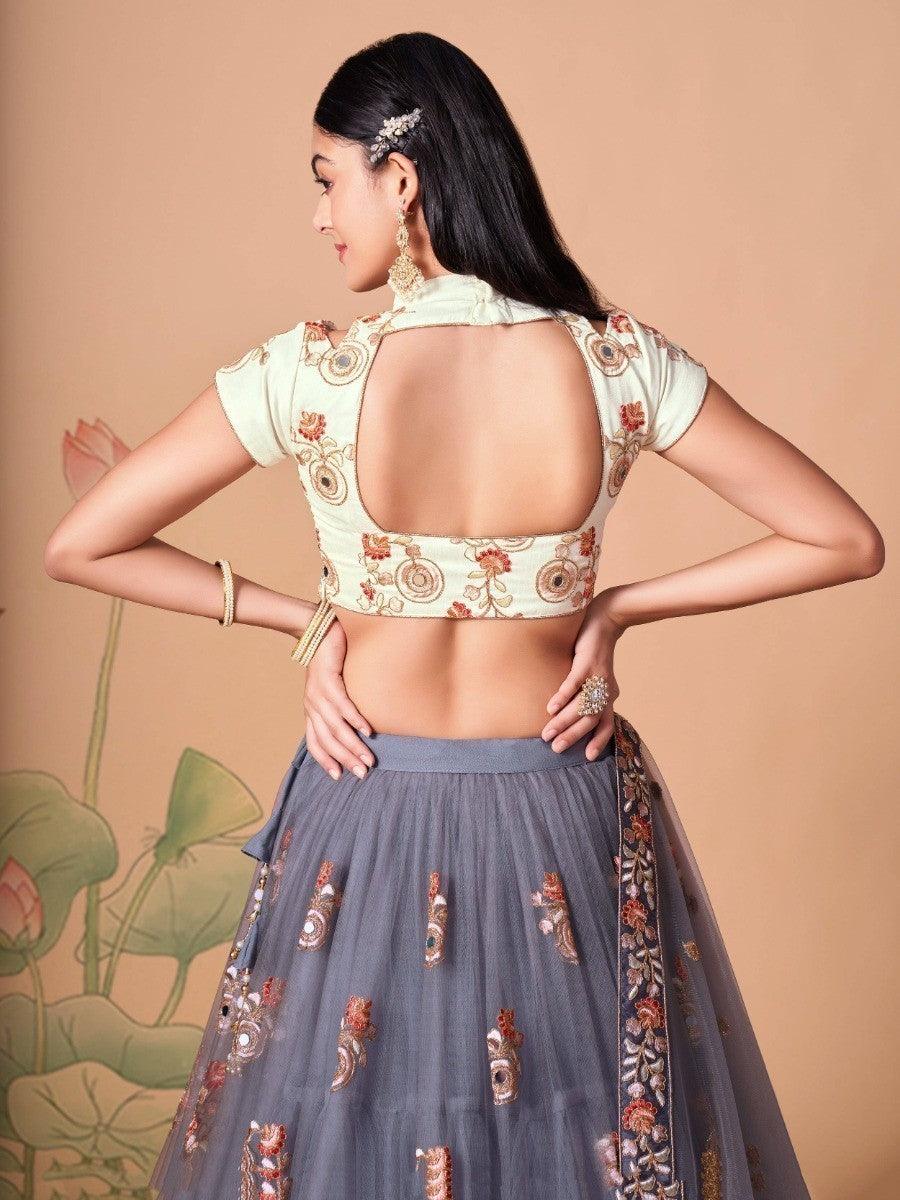 Elegant grey bridal lehenga choli for weddings and receptions.