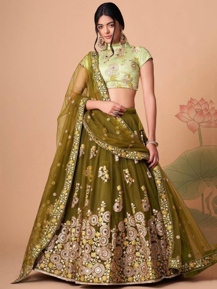 Olive green lehenga choli with mirror and sequin work for weddings.