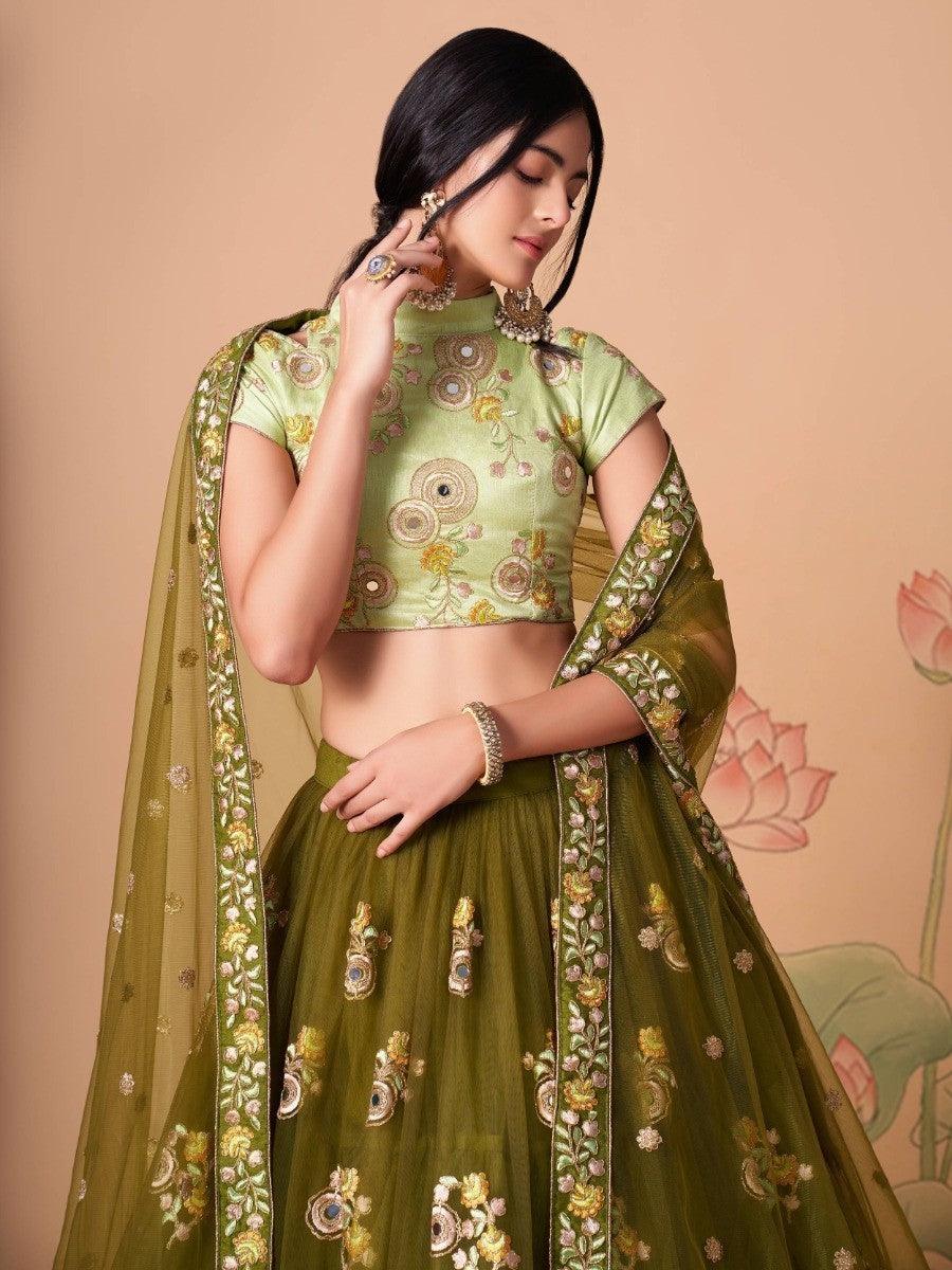 Elegant olive green lehenga choli with thread embroidery for women.