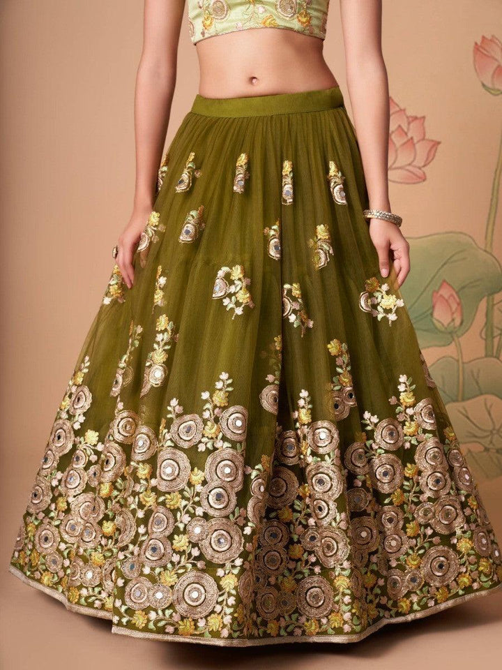 Beautiful olive green lehenga with choli and embroidered net dupatta.