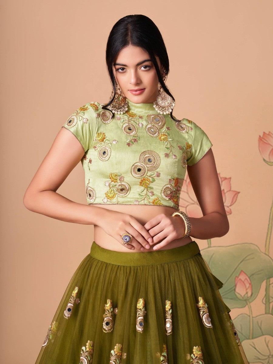 Customizable semi-stitched olive green lehenga for wedding events.