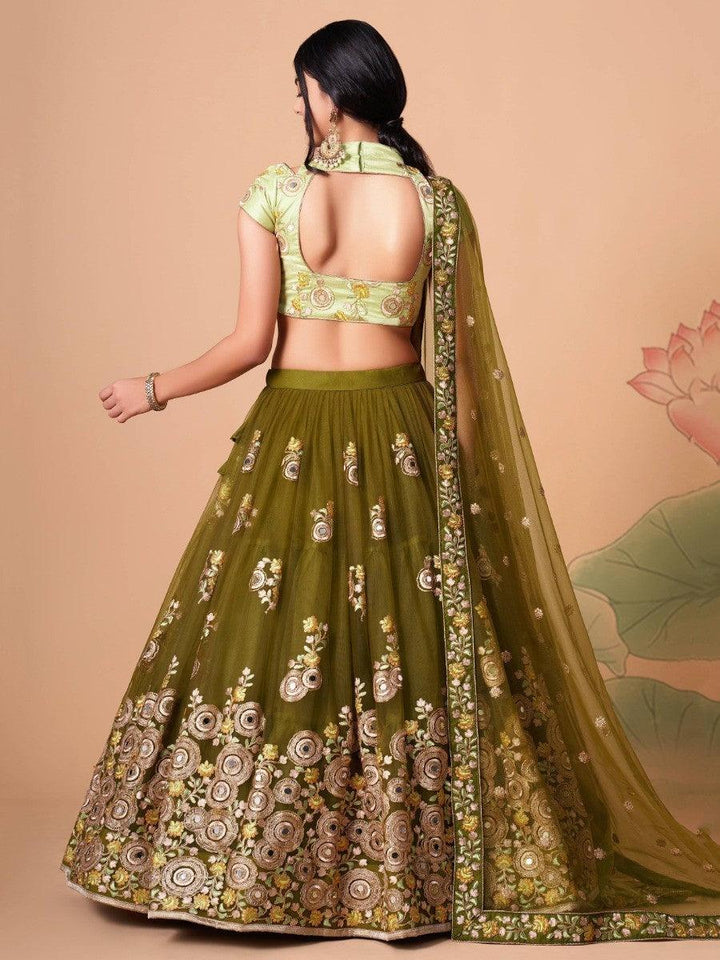 Stylish olive green lehenga choli with net dupatta and embroidery.