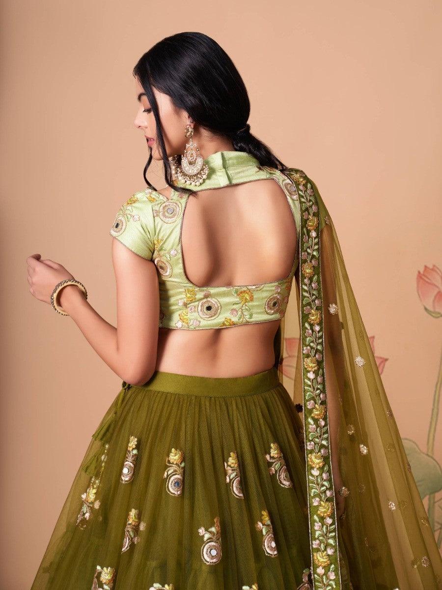 Party-ready olive green lehenga with mirror and sequin work.