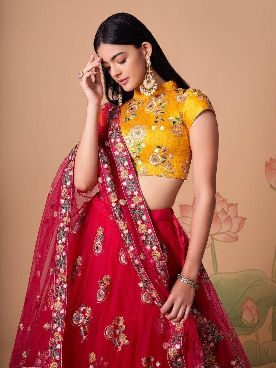 Semi-stitched hot pink lehenga with beautiful embroidery work.