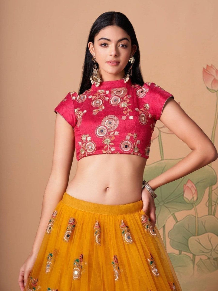 Yellow net material lehenga with beautiful sequin details.