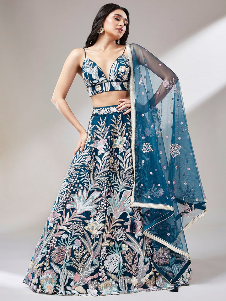 Embroidered Teal Lehenga | Elegant Bridal Wear with Net Dupatta