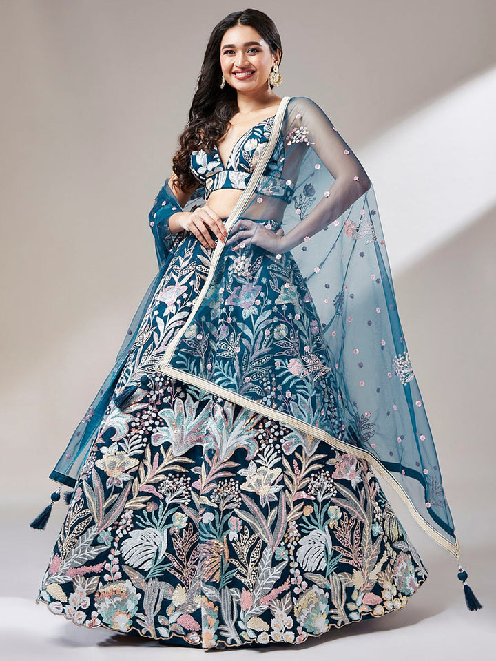 Embroidered Teal Lehenga | Elegant Bridal Wear with Net Dupatta