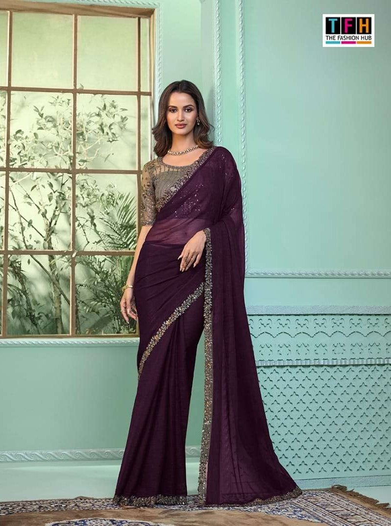 Purple Pure Wine Chiffon Saree | Elegant Lacework Indian Sari for Weddings