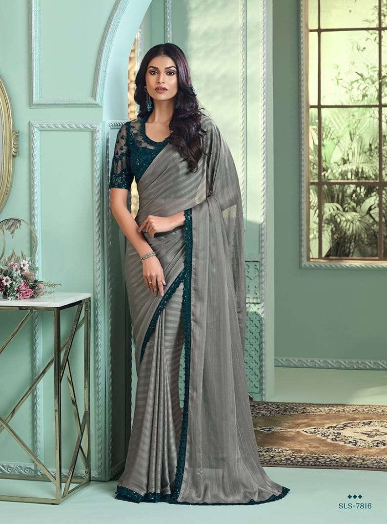 Elegant Grey Georgette Silk Saree | Silver Pattern Indian Sadi for Special Occasions