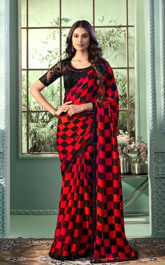 Bright Red Silver Pattern Georgette Silk Saree | Traditional Indian Sari