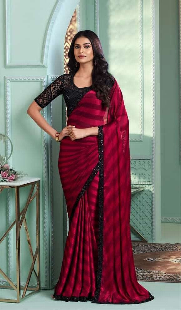 Red Satin Pattern Silk Saree | Designer Indian Sadi for Celebrations