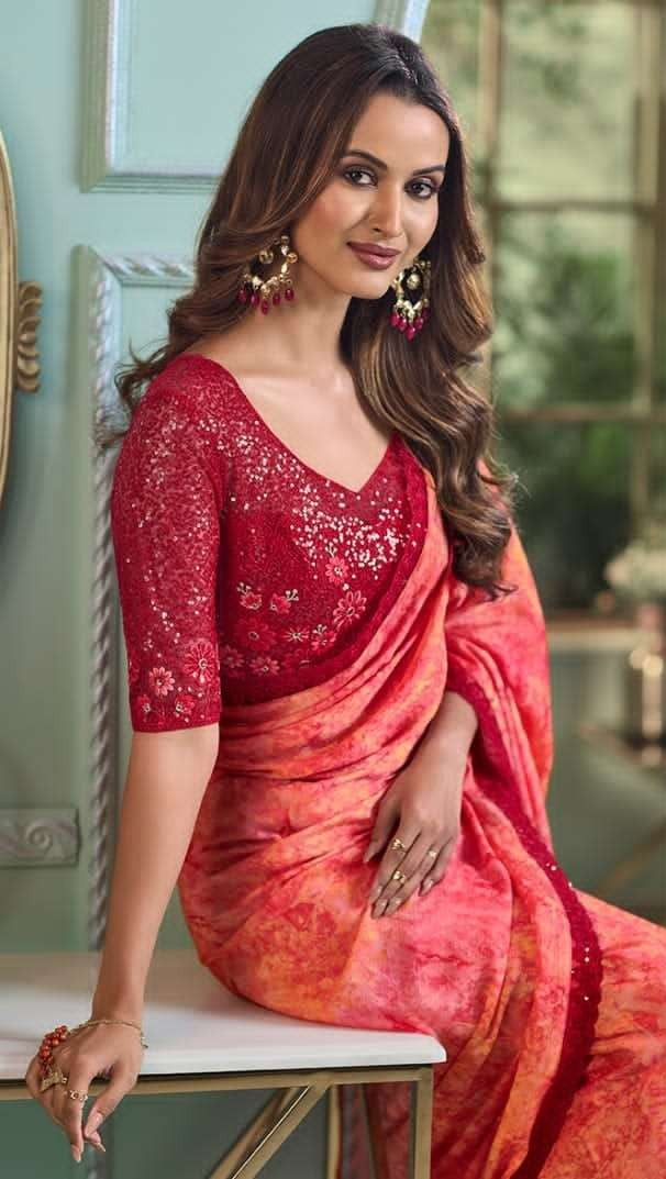 Elegant Peach Crystal Chiffon Silk Saree | Indian Sadi for Festive Wear