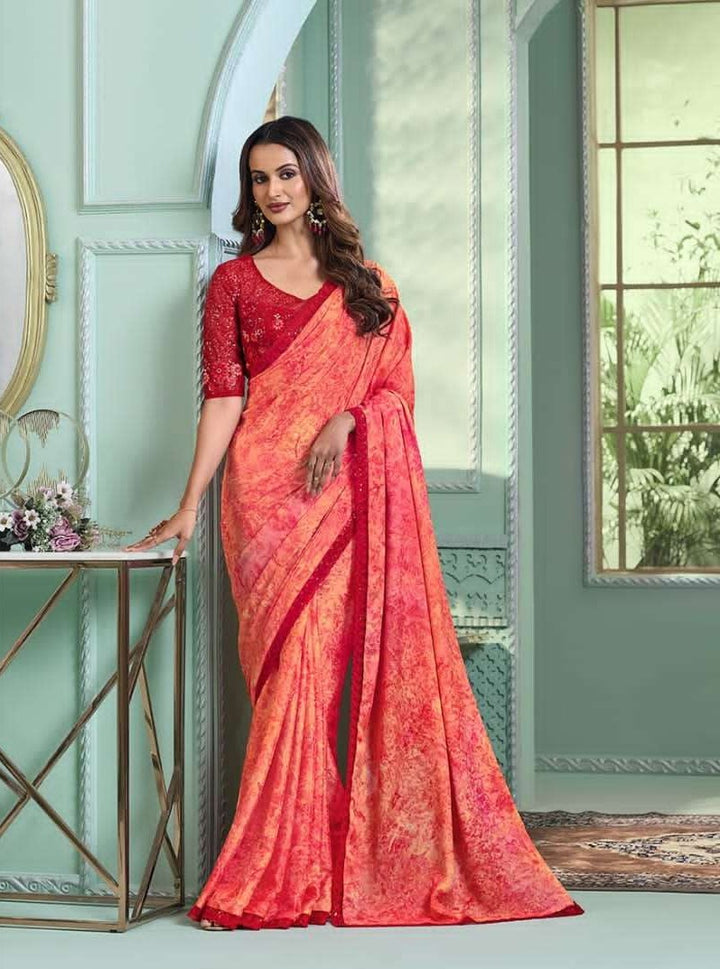 Elegant Peach Crystal Chiffon Silk Saree | Indian Sadi for Festive Wear