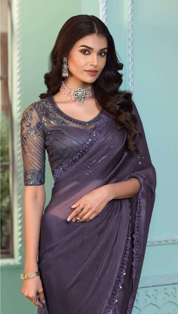 Lavender Georgette Crystal Saree | Stylish Indian Sadi for Festive Wear