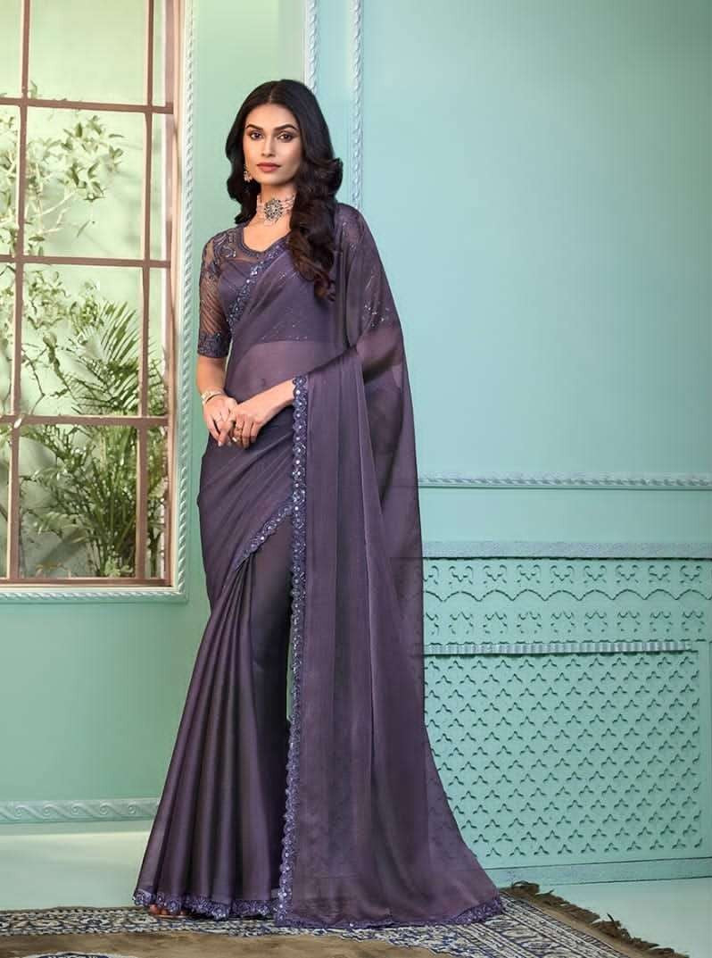 Lavender Georgette Crystal Saree | Stylish Indian Sadi for Festive Wear